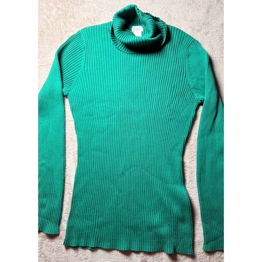 LL Bean Womens XL Green Ribbed Cotton Turtleneck Top‎  Academia Cozy Cabincore